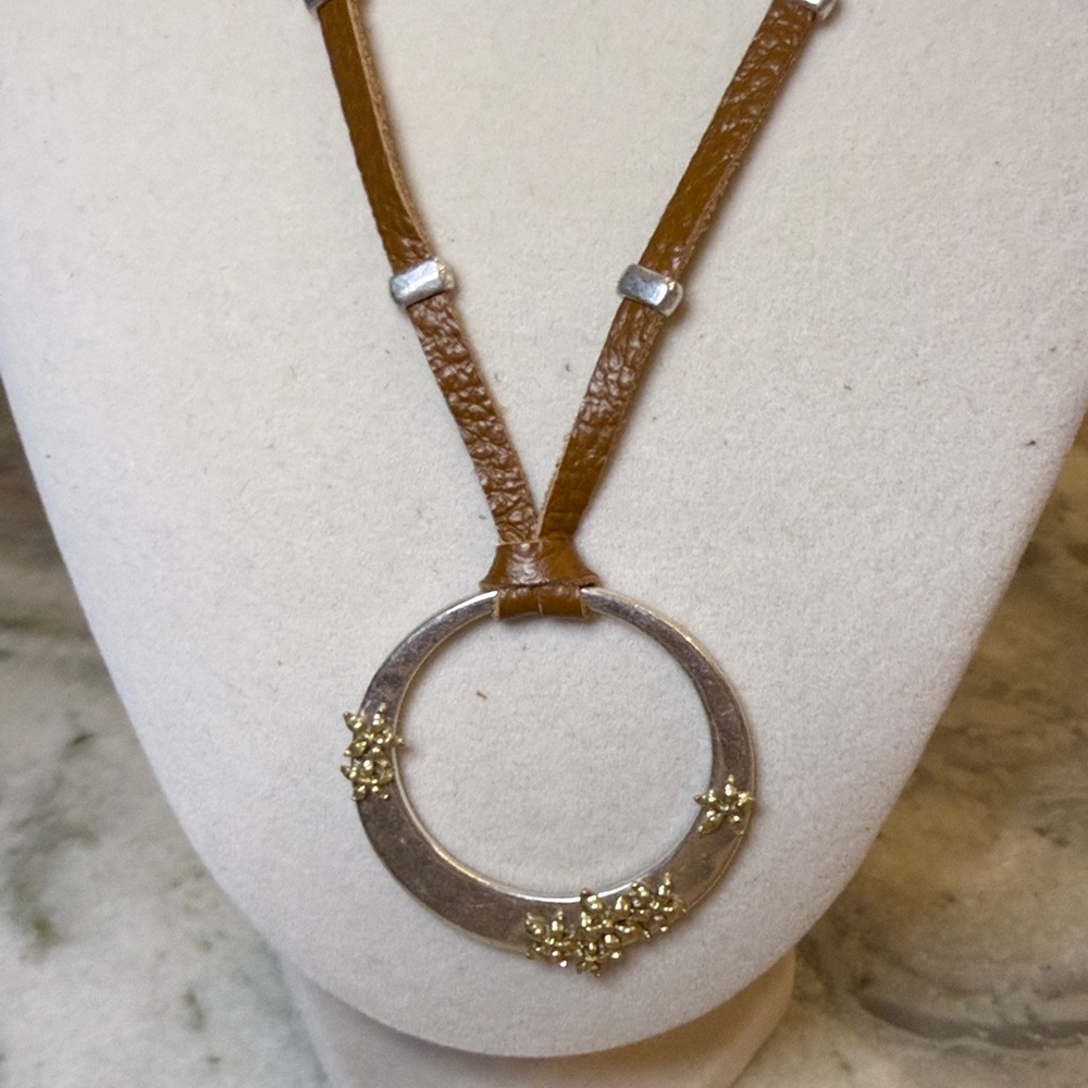 Lucky Brand Brown Leather and Silver Circle Necklace